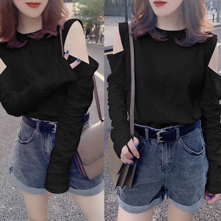 Mujer manga larga sólida camiseta manga larga cuello redondo suelto moda Casual Tops hombro fuera