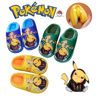 Anime Pokemon Pikachu Invierno Niños Casa Zapatos De Algodón PU Zapatillas Impermeables De Felpa Caliente Dibujos Animados Niño Niña De Interior (1)