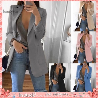 bwt_moda mujer color sólido bolsillos delanteros abiertos chaqueta abrigo largo oficina blazer