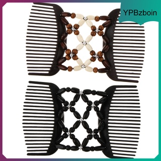 2Pack Elastic Double Hair Comb With Wooden Bead Easy Hair Clip Hair Jewelry