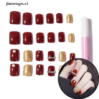 【jianrogn】 Gifts 24Pcs Red & Gold Short False Nails With Stickers Acrylic Nail Art Tools [CL]