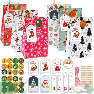 COLLAPSAR 24sets Numbers Kraft Paper Bags Cookies Pouch Packaging Bags Gift Bags Sticker Candies Santa Claus Snowman Xmas Food Merry Christmas