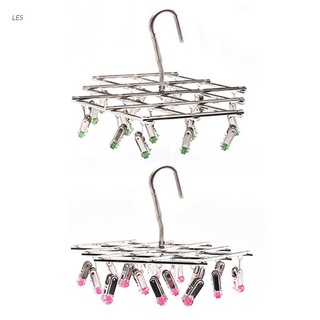 LES Windproof Foldable Quickly Remove Stainless Steel Laundry Clothes Drying Rack Drip Hanger with 18 Clips for Underwear Sock Glove Bra