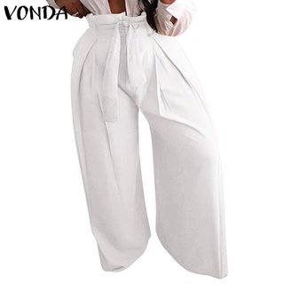 Vonda Women Casual Solid Color Loose High Waist Belted Wide Leg Long Trousers (5)