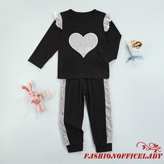 O-l 2 piezas trajes casuales para bebés, niñas lentejuelas amor patrón mosca manga cuello redondo jersey + Color bloque pantalones