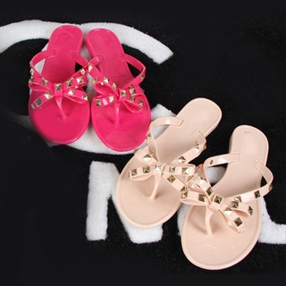 las mujeres elegantes sandalias remache bowknot zapatillas planas niñas chanclas jelly zapatos (1)