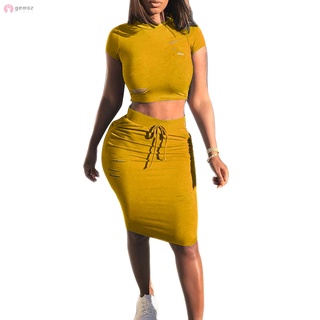 Women Solid Color Short Sleeve Crop Top with Bodycon Skirt Set for Summer Beach Party