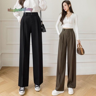 Las mujeres pantalones largos de moda ancho de la pierna pantalones de las mujeres de la primavera y el otoño 2021 nuevos pantalones de café recto suelto de cintura alta Draping Casual traje pantalones