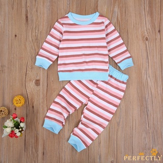 Pft7-Zz recién nacido niñas niños conjunto, estampado de rayas bebé manga larga cuello redondo Top, cintura elástica pantalones largos (4)