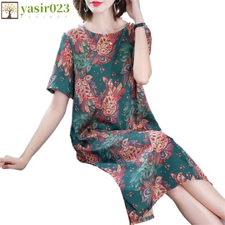 yasir023 Women Dress Loose Thin Type Mid-length Printing Casual Short-sleeve Dress