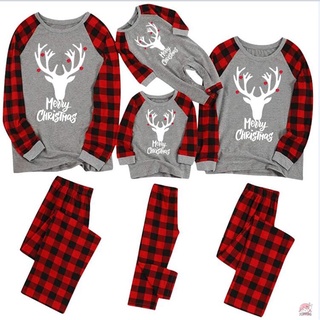 Jop7-matching pijamas de navidad familiar, Casual de manga larga de ciervo impresión Tops + pantalones cuadros conjunto