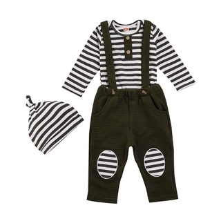 ★Sw✤Tres piezas ropa de bebé niño moda rayas manga larga mameluco y pantalones de tirantes con sombrero