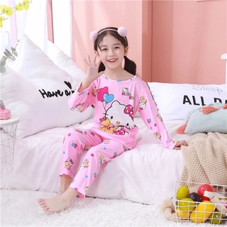 Las niñas de verano pijamas niños para niñas lindo ligero Kt gato de dibujos animados niños Sleepshirt de manga larga cuello redondo Sleepshirt (7)