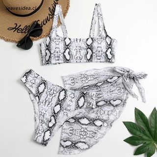 lea Sexy 3pcs Swimsuit Set Women Snakeskin Print Bikini with Mesh Sarong Cover Up