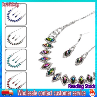 XI* Rhinestone Teardrop Dangle Stud Earrings Necklace Wedding Bridal Jewelry Set