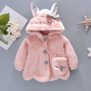 2021 Spot Girls Jacket Winter Children's Clothing New Cute Bow Long Ears Hooded Solid Color Cotton Coat Suitable for Girls From 9 Months To 3 Years Old, Send The Same Bag