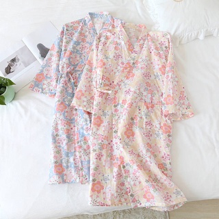 Las mujeres camisones japón estilo y ropa cómoda niñas dormir falda albornoz de nueve puntos manga hilo de algodón verano otoño primavera caliente sudor ropa de dirección pijamas albornoz