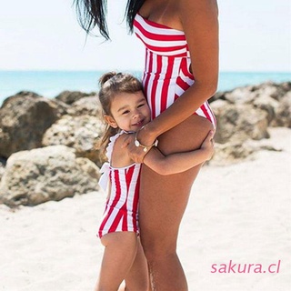 sakura madre hija coincidencia verano de una sola pieza bikini bloque de color rojo rayas verticales impreso monokini hombro fuera sin espalda encaje bowknot traje de baño
