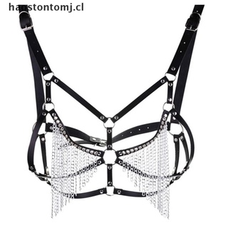 [haostontomj] mujer cuero cuerpo arnés de pecho jaula sujetador cadena cinturón gótico traje negro [cl] (1)