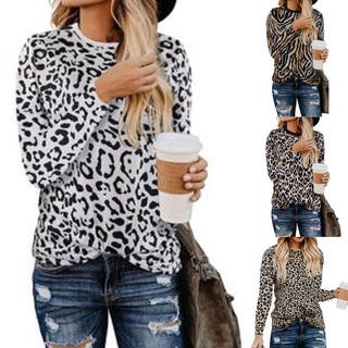 duingjin moda mujeres cuello redondo manga larga blusa leopard zebra rayas jersey top