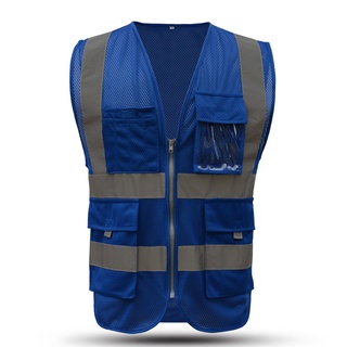 Chaleco de seguridad azul reflectante con bolsillos y cremallera|Rayas reflectantes de alta visibilidad|Chaleco de malla transpirable de alta visibilidad multi bolsillo para hombres y mujeres