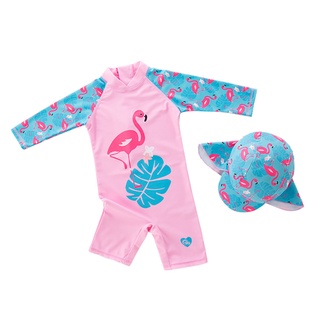 【Chiron】Girls One-piece Swimsuit Long Sleeve With Hat Children's Hot Spring Bathing Suit