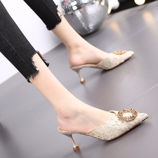 Zapatillas de tacón medio con diamantes de imitación de Punta puntiaguda para mujer2021Verano nuevos tacones altos a juego