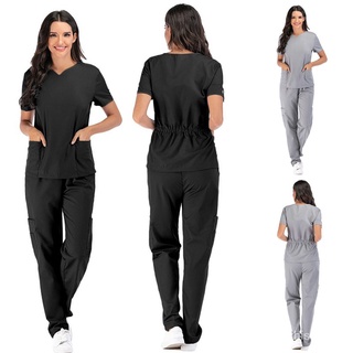 🙌 2 unids/Set nuevo mujer sólido bolsillo V-cuello camiseta + pantalones enfermería ropa de trabajo enfermera uniforme traje aQw4 (1)