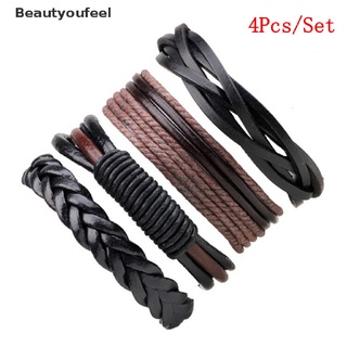 [Beautyoufeel] 4 piezas de pulsera de cuero trenzada para hombre, pulsera de cuero, brazalete, buena mercancía