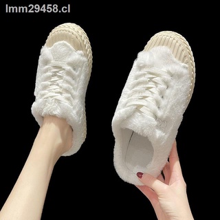 ☈Medias pantuflas baotou peludas de suela gruesa ropa de invierno femenina 2021 nuevos zapatos de galleta con cinturón fino rojo y zapatos mullidos (4)