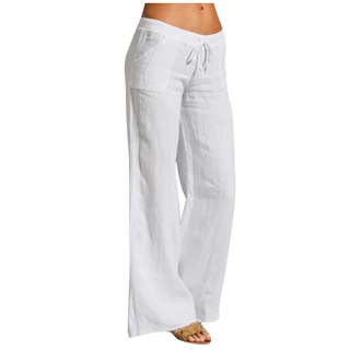 Beautyu_Mujer Casual sólido algodón lino cintura elástica cordón largo ancho pierna pantalones (4)