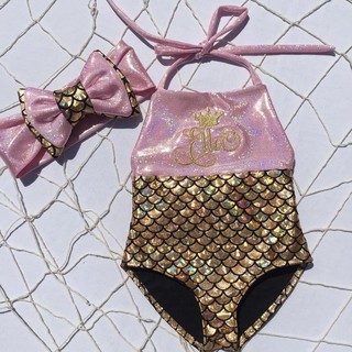 1BY-Girls Kids sirena fantasía arco lentejuelas nadable 2pcs Bikini conjunto trajes de baño