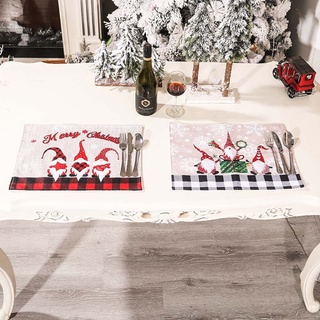 Cl [READY STOCK] Creative Christmas Gnome Rectangle Placemat Vintage Plaid Snowflake Printed Washable Heat-Resistant Table Mat for Kitchen Dining Home Decoration
