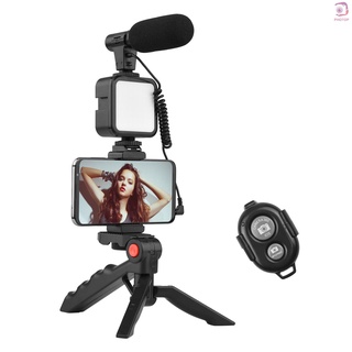 [Pop]Andoer teléfono Vlog Kit de vídeo con trípode de mesa soporte de teléfono con micrófono de zapata fría LED luz de vídeo disparador remoto