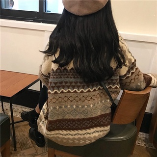 un tamaño retro japonés cuello redondo jersey suéter de las mujeres otoño/invierno coreano perezoso estilo suelto de manga larga de punto superior (6)