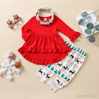 Pop 3 piezas trajes de navidad para niñas, Color sólido asimétrico de manga larga cuello redondo volantes jersey + pantalones impresos + pañuelo