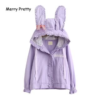 Merry Pretty mujer otoño invierno básico chaquetas Ladis orejas de conejo bordado lindo chaqueta solo pecho rosa prendas de abrigo