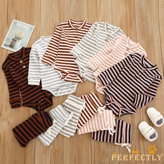 PFT7-0-24 meses Unises bebé conjunto de cuello redondo botón de manga larga mameluco+pantalones Casual ropa de hogar
