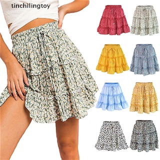 [tinchilingtoy] Women's Summer High Waist Ruffle Tiered Mini Skirt Floral Printed A-line Polka Dot Beach Cute Skirt [HOT]