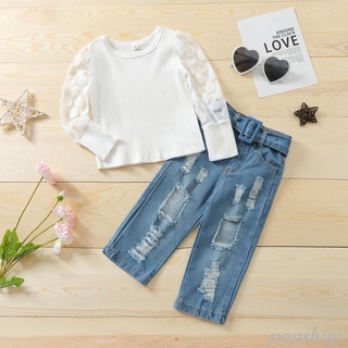 Pop niña camiseta y pantalones traje fresco Color sólido encaje manga larga Tops y pantalones de mezclilla rasgados