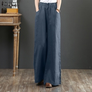 ZANZEA Women Casual Wide Legs Elastic Belted Solid Color Long Pants (8)