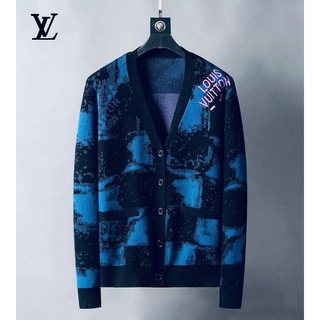 Listo Stock LV Louis Vuitton hombres parejas otoño invierno cuello en V suéter prendas de punto LV Louis Vuitton hombres de alta calidad azul tie-dye tejer cardigan