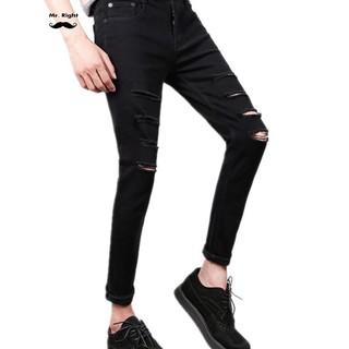 Skinny Jeans Ripped rodilla roto Denim pantalones de moda hombres negro masculino pantalones delgados
