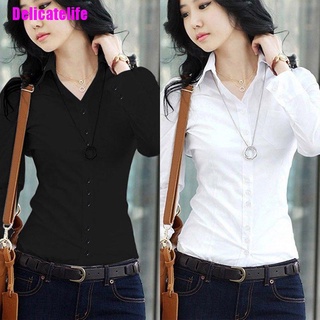 [Delicatelife] Mujer manga larga camisa blanca botón oficina carrera Formal Slim blusa camisa Tops