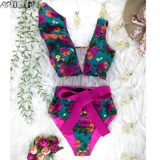 2021 Nuevo Bikini Floral Con Volantes Conjunto De Mujeres Cuello En V Cintura Alta Dos Piezas Traje De Baño Niña Playa Trajes Biquinis