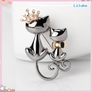 lk-fashion joyería brillante rhinestone lindo gato doble gatito corona broche pin regalo