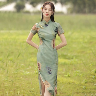 Cheongsam 2022 Nuevo Estilo Verde Joven Mejorado Retro República De China Elegante Vestido De Longitud Media Chica Verano