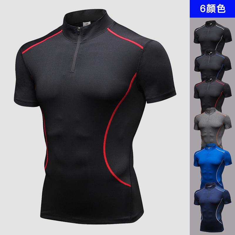 Hombres cuello de pie fitness manga corta PRO entrenamiento running stretch T-shirt deportes ropa de secado rápido