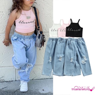 ✦Zwq2 Pcs niños niñas Casual trajes corto letra impresión Halter Tank Tops + Jeans rasgados con bolsillos