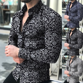 heworldwel moda hombres estampado floral slim fit manga larga botón turn down cuello camisa top